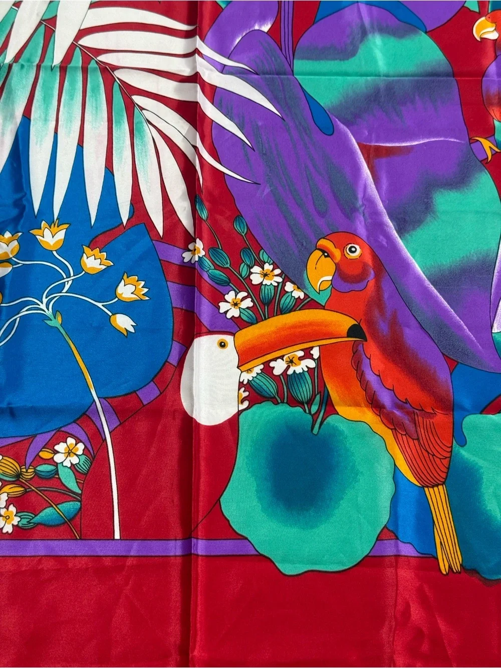 Striking Tropical Birds Palm Leaf Floral Parrot Toucan Silky Vibrant Red Scarf